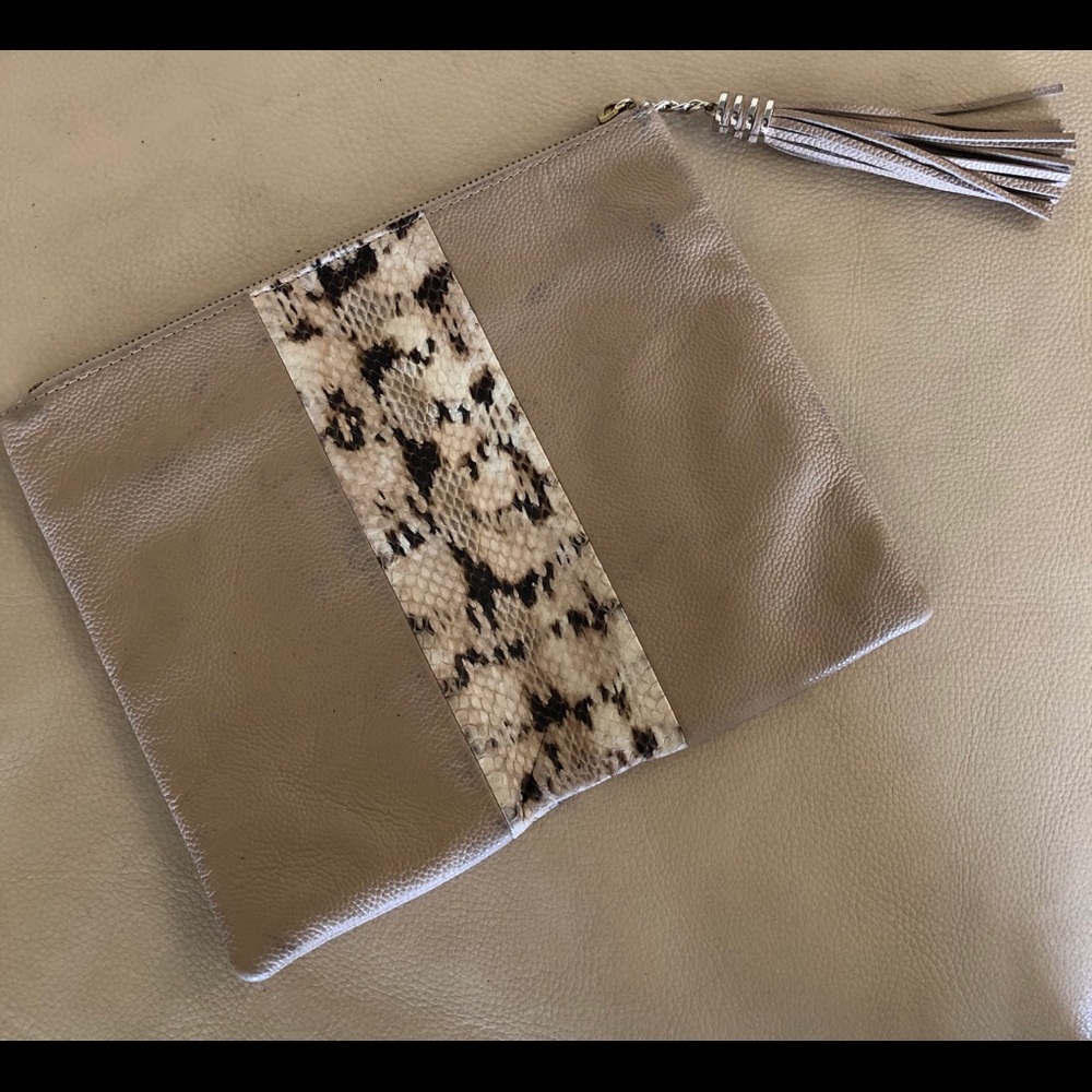 Vintage Reign Snakeskin and Beige Leather Clutch